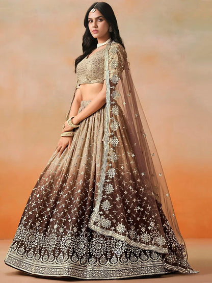 Tulsi Art Gorgeous Brown Georgette Zari Embroidered Lehenga Choli With Dupatta