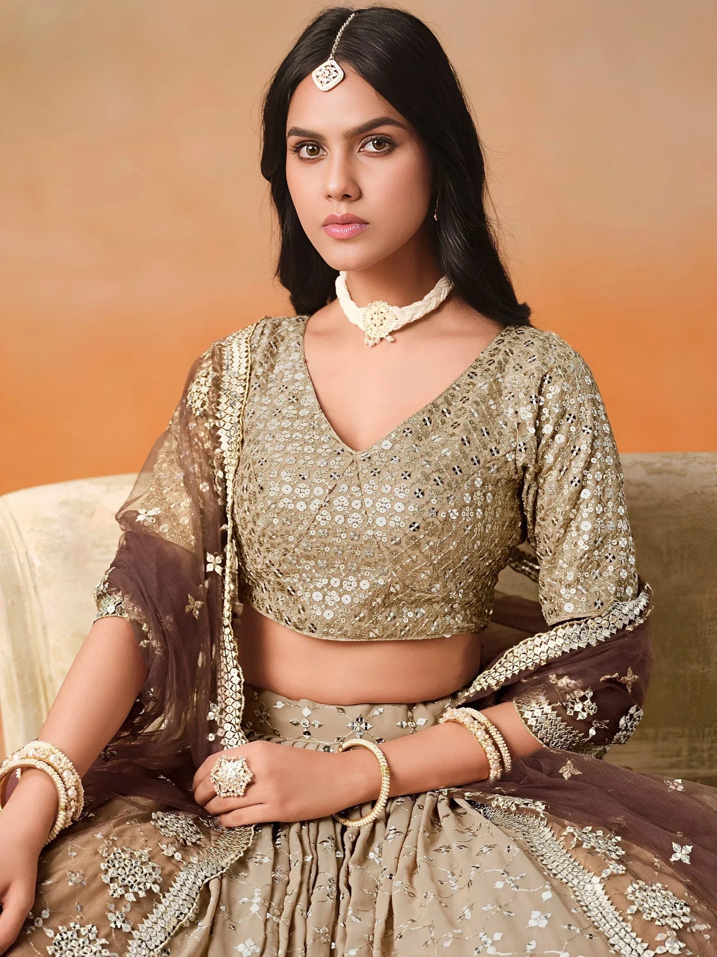 Tulsi Art Gorgeous Brown Georgette Zari Embroidered Lehenga Choli With Dupatta
