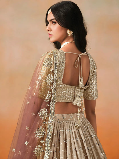 Tulsi Art Gorgeous Brown Georgette Zari Embroidered Lehenga Choli With Dupatta