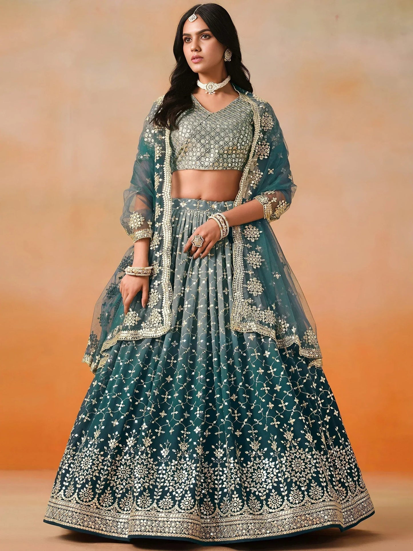 Tulsi Art Glamorous Dove Blue Sequins Embroidered Georgette Lehenga Choli