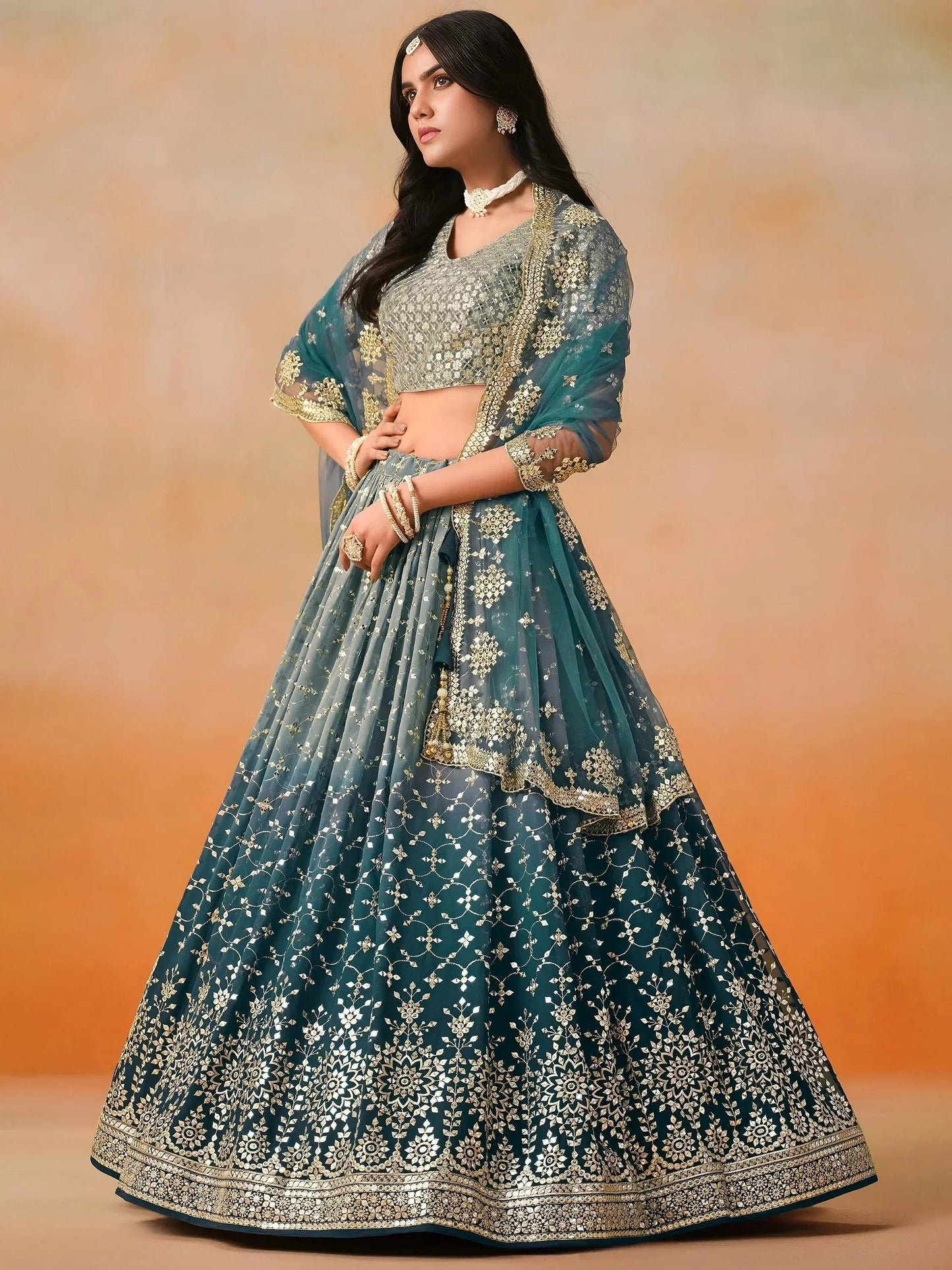 Tulsi Art Glamorous Dove Blue Sequins Embroidered Georgette Lehenga Choli