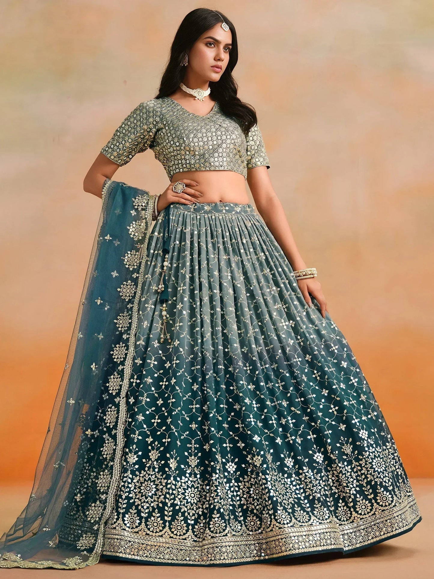 Tulsi Art Glamorous Dove Blue Sequins Embroidered Georgette Lehenga Choli
