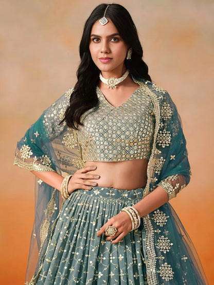 Tulsi Art Glamorous Dove Blue Sequins Embroidered Georgette Lehenga Choli