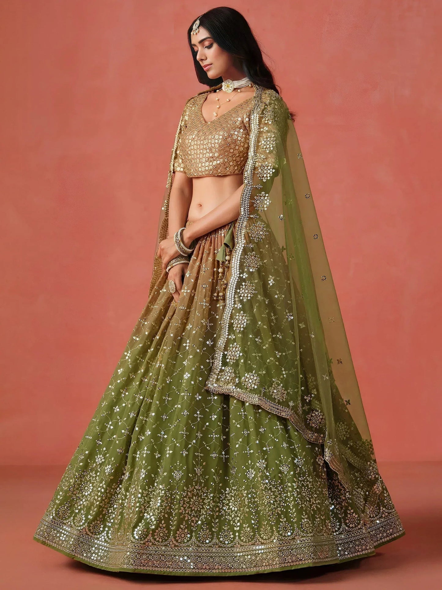 Tulsi Art Beautiful Green Sequins Embroidered Mehendi Wear Lehenga Choli