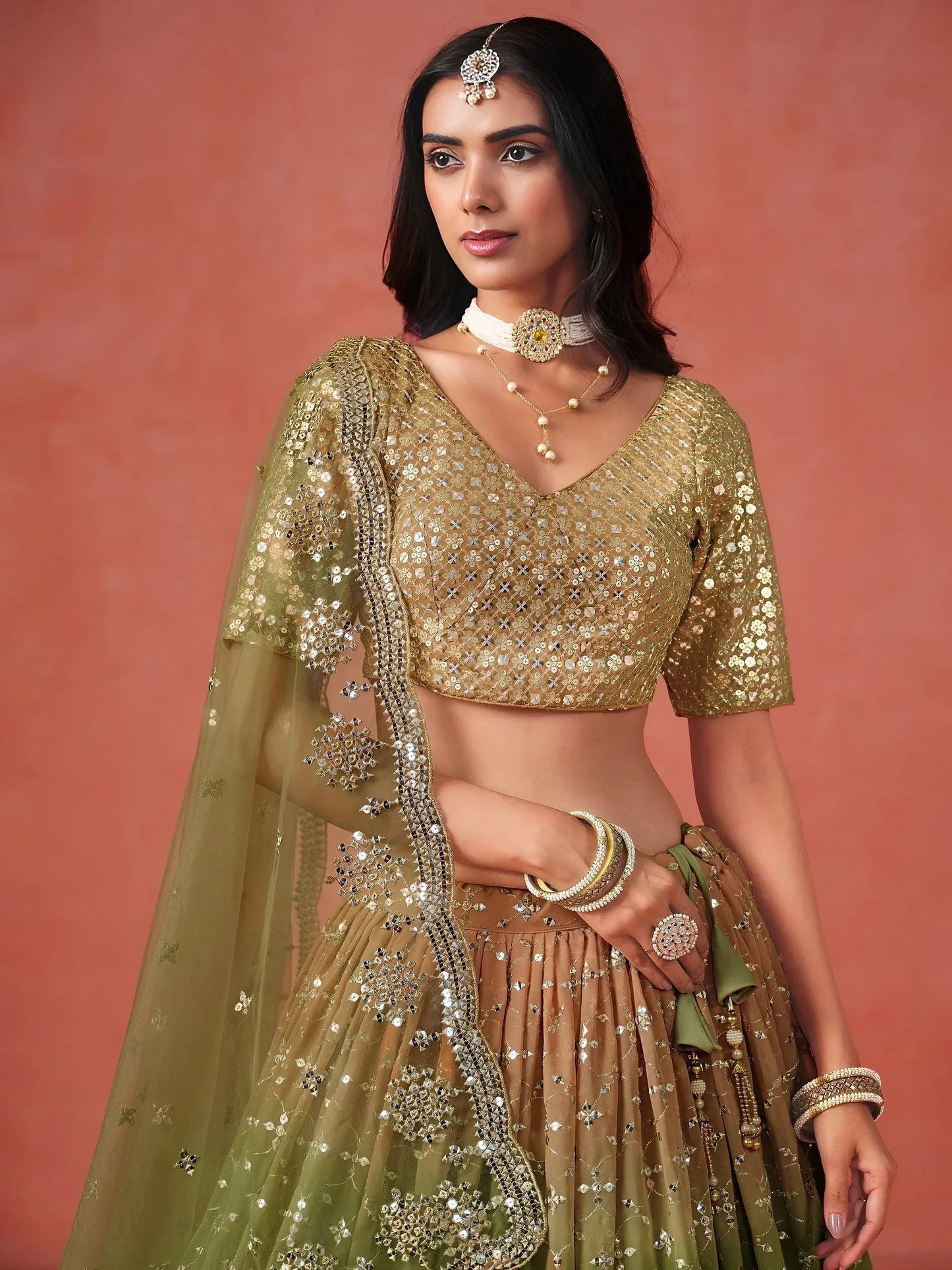 Tulsi Art Beautiful Green Sequins Embroidered Mehendi Wear Lehenga Choli