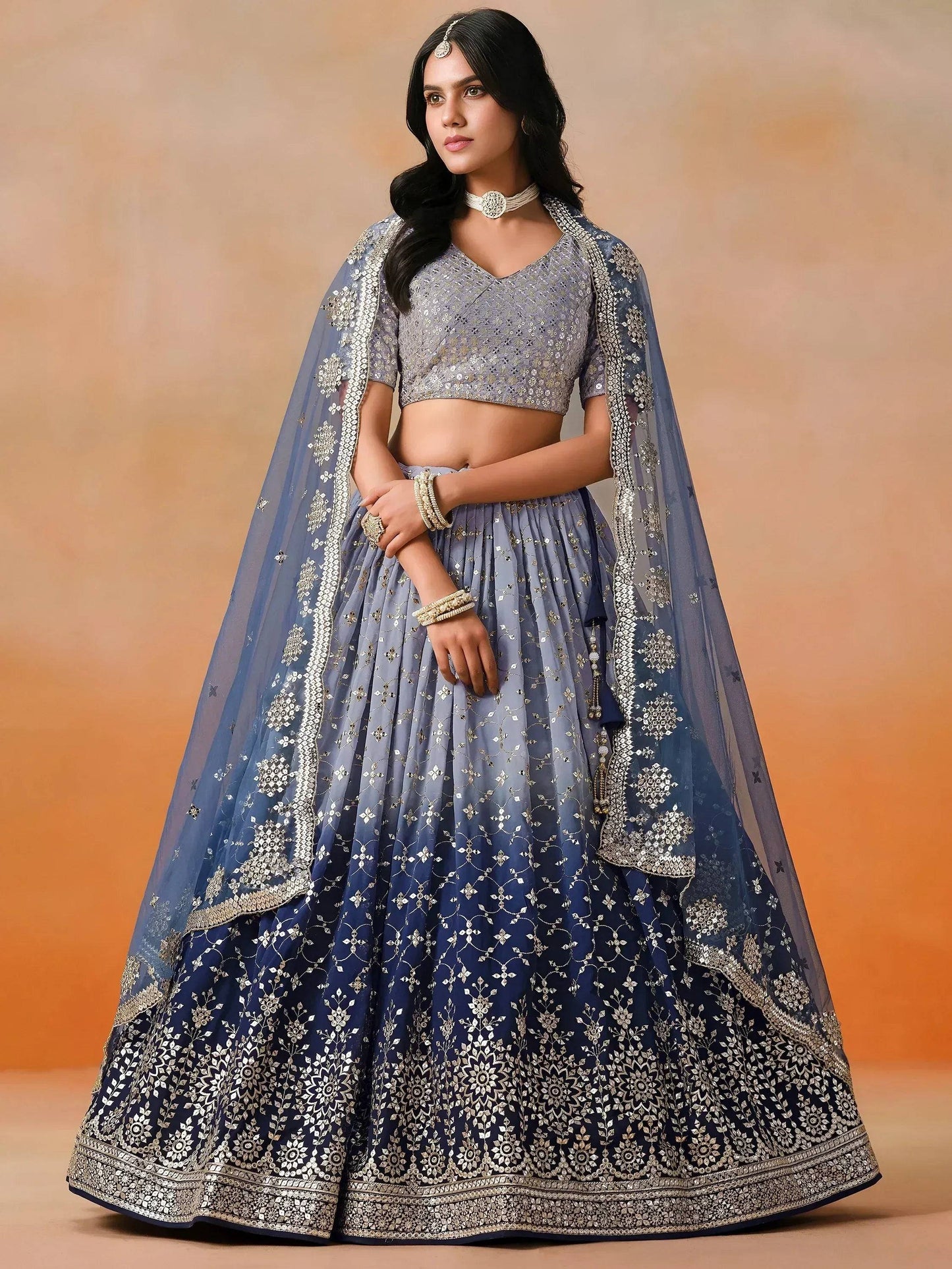 Tulsi Art Attractive Navy Blue Embroidered Reception Wear Lehenga Choli