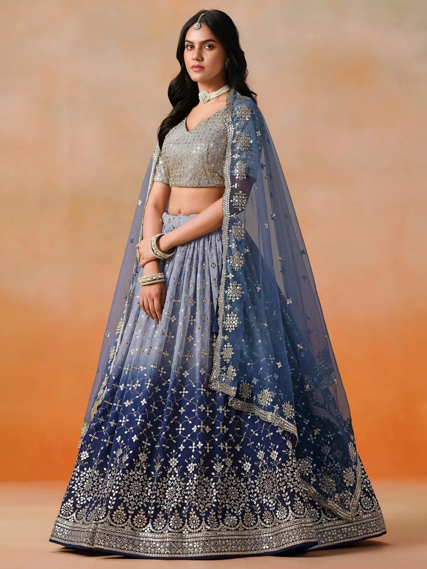 Tulsi Art Attractive Navy Blue Embroidered Reception Wear Lehenga Choli
