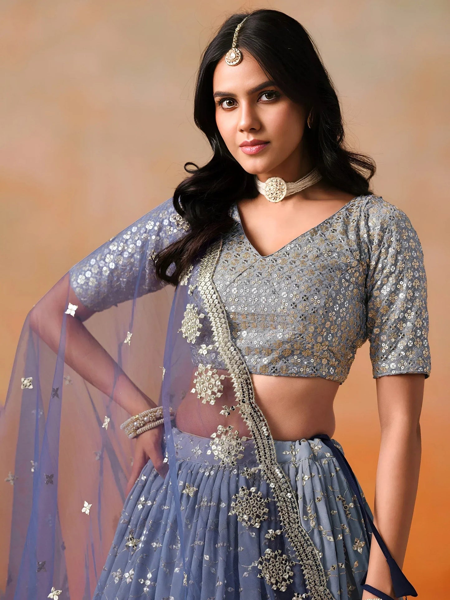 Tulsi Art Attractive Navy Blue Embroidered Reception Wear Lehenga Choli