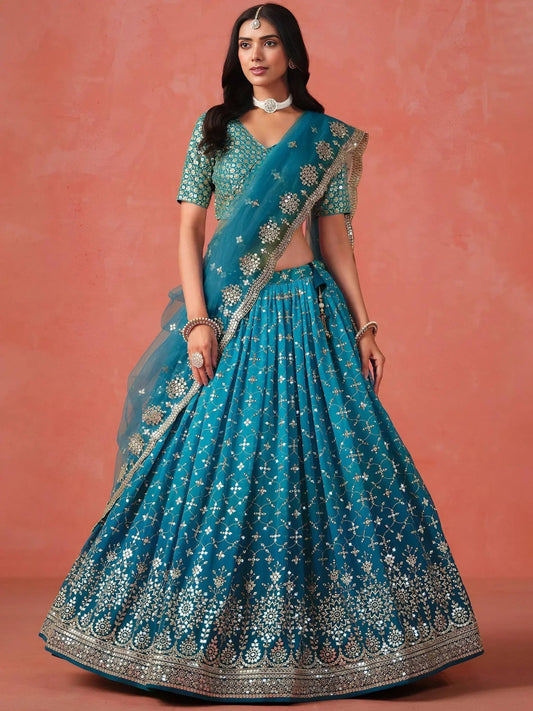 Tulsi Art Adorable Teal Blue Georgette Zari Embroidered Lehenga Choli