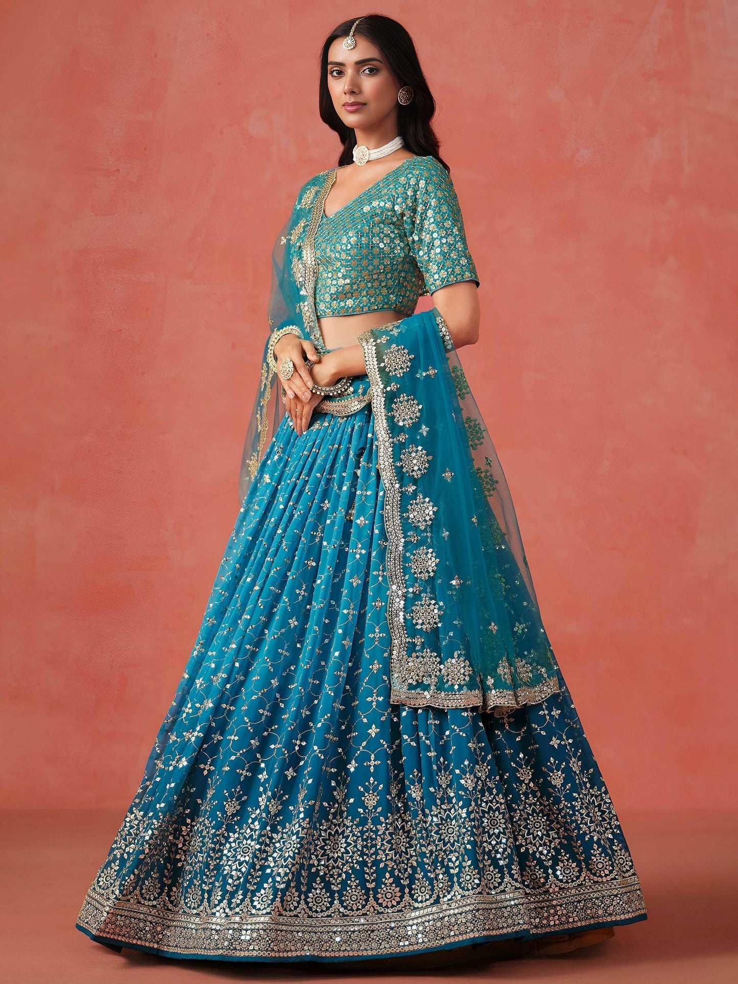 Tulsi Art Adorable Teal Blue Georgette Zari Embroidered Lehenga Choli