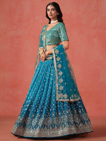 Tulsi Art Adorable Teal Blue Georgette Zari Embroidered Lehenga Choli