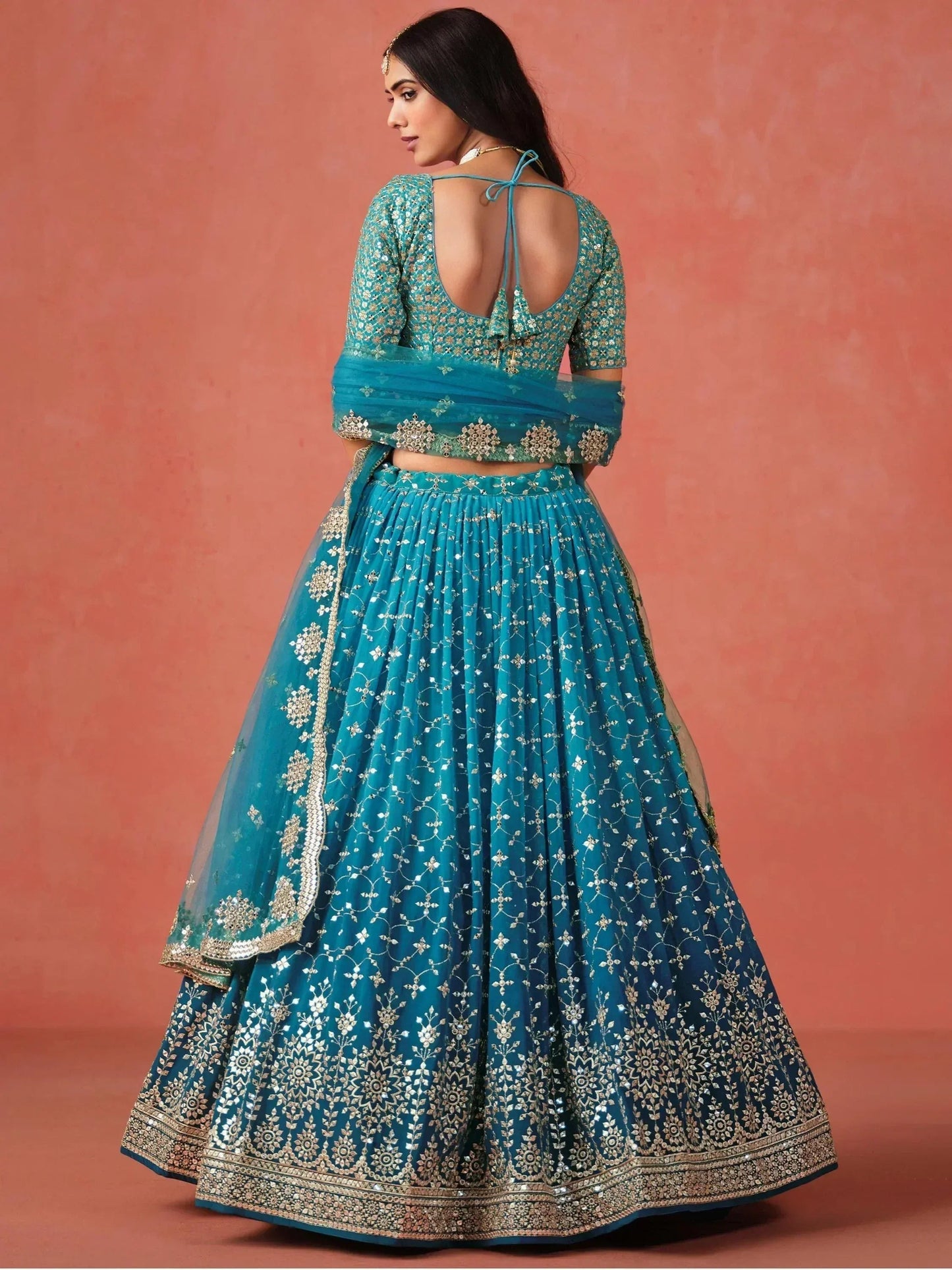 Tulsi Art Adorable Teal Blue Georgette Zari Embroidered Lehenga Choli