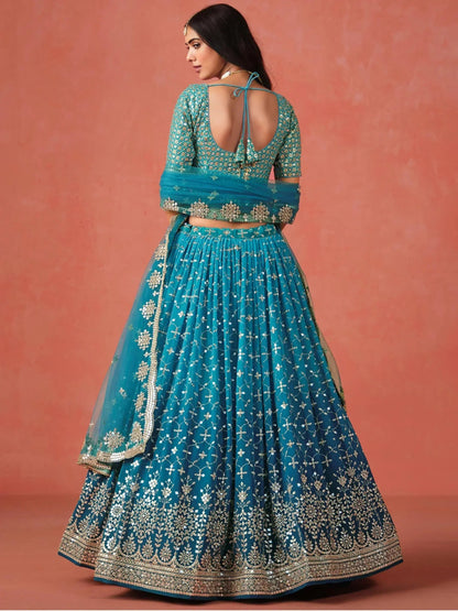 Tulsi Art Adorable Teal Blue Georgette Zari Embroidered Lehenga Choli