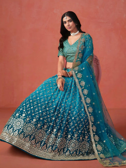 Tulsi Art Adorable Teal Blue Georgette Zari Embroidered Lehenga Choli