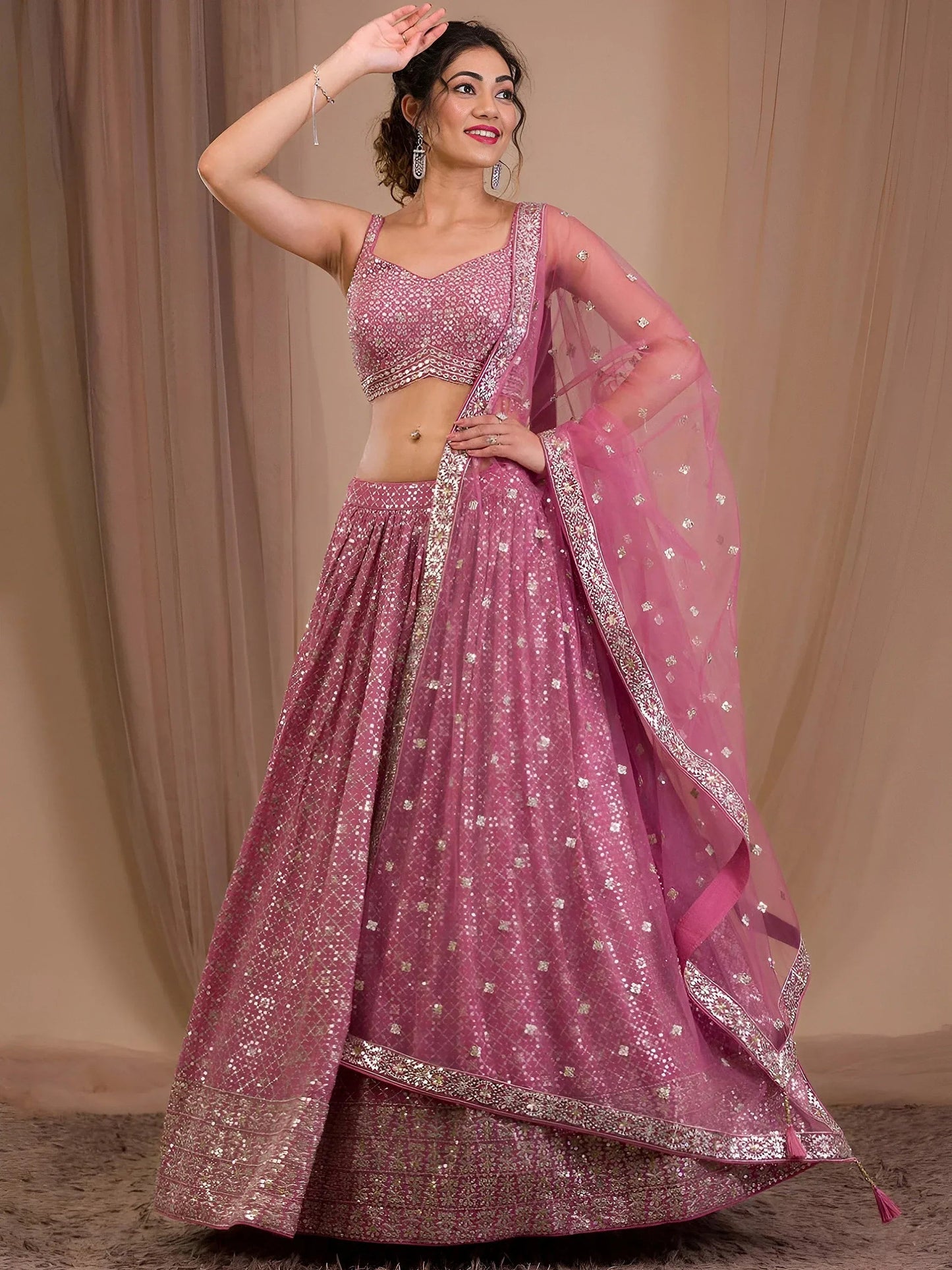 Tulsi Art Alluring Pink Sequins Georgette Engagement Wear Lehenga Choli