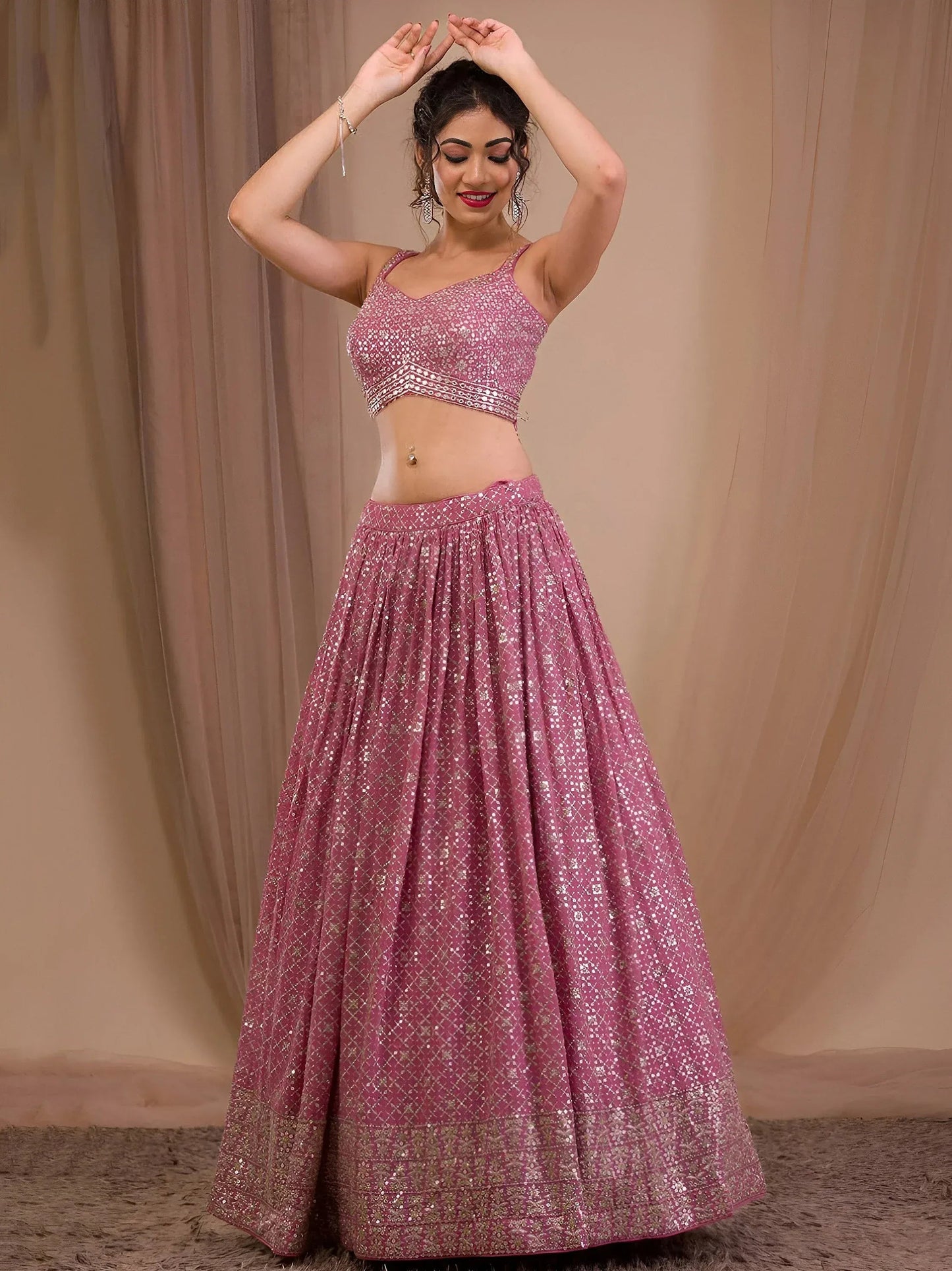 Tulsi Art Alluring Pink Sequins Georgette Engagement Wear Lehenga Choli