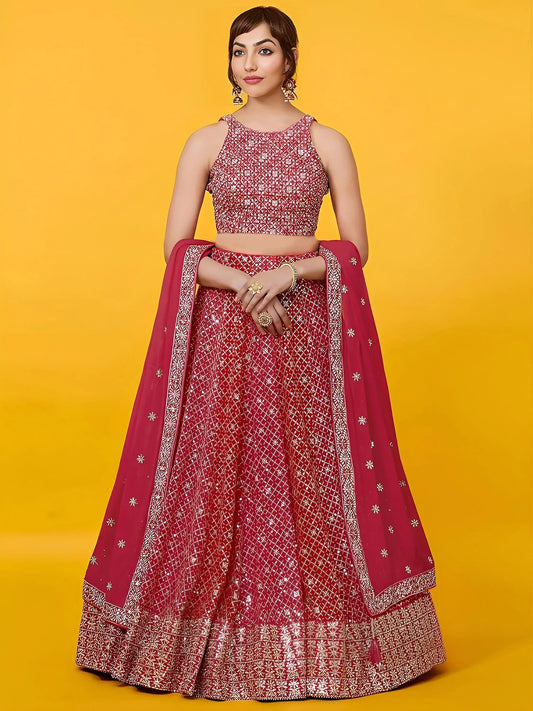 Tulsi Art Adorable Red Sequins Georgette Wedding Lehenga Choli With Dupatta