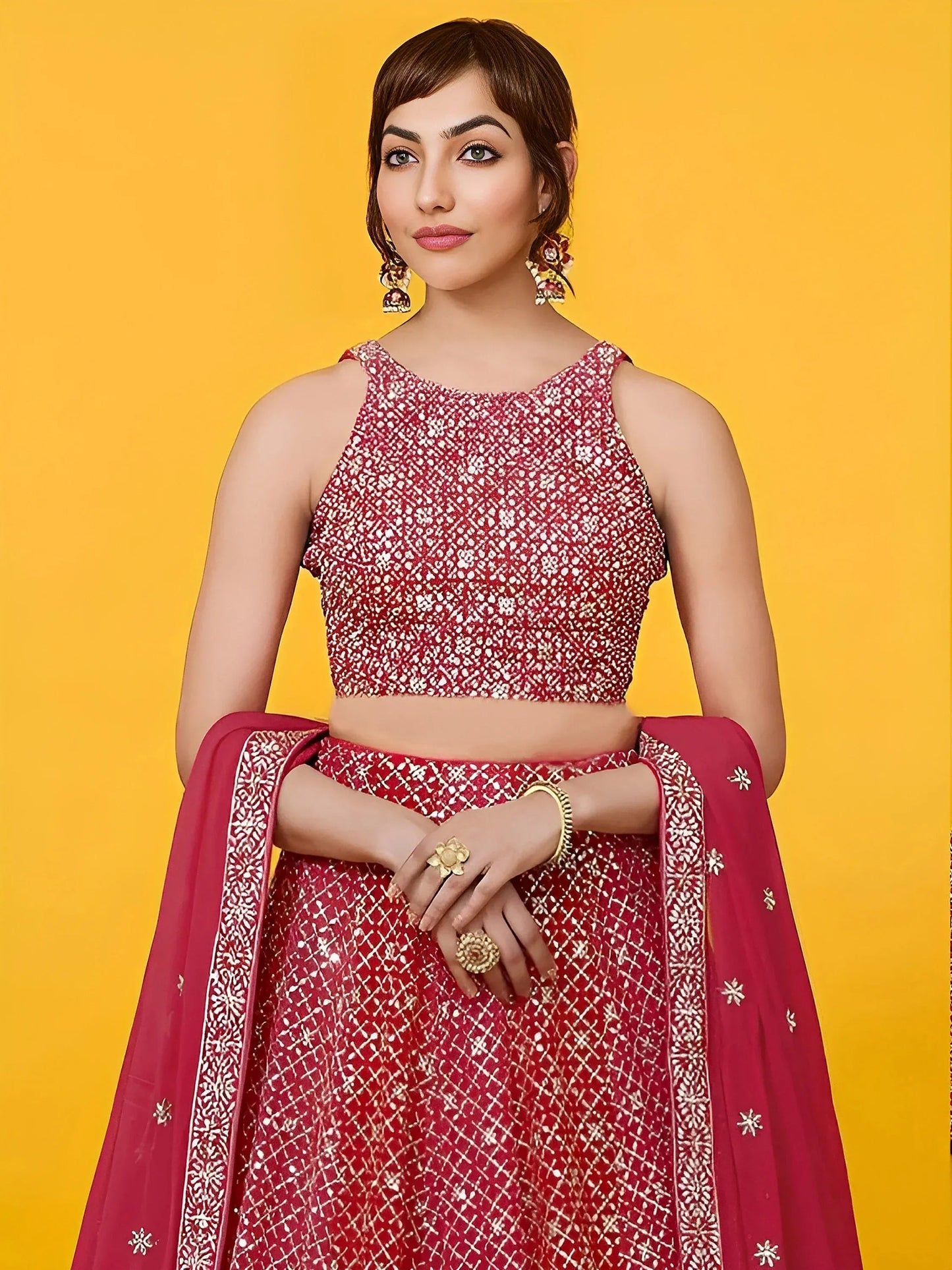 Tulsi Art Adorable Red Sequins Georgette Wedding Lehenga Choli With Dupatta
