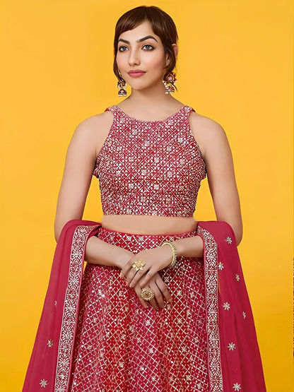 Tulsi Art Adorable Red Sequins Georgette Wedding Lehenga Choli With Dupatta