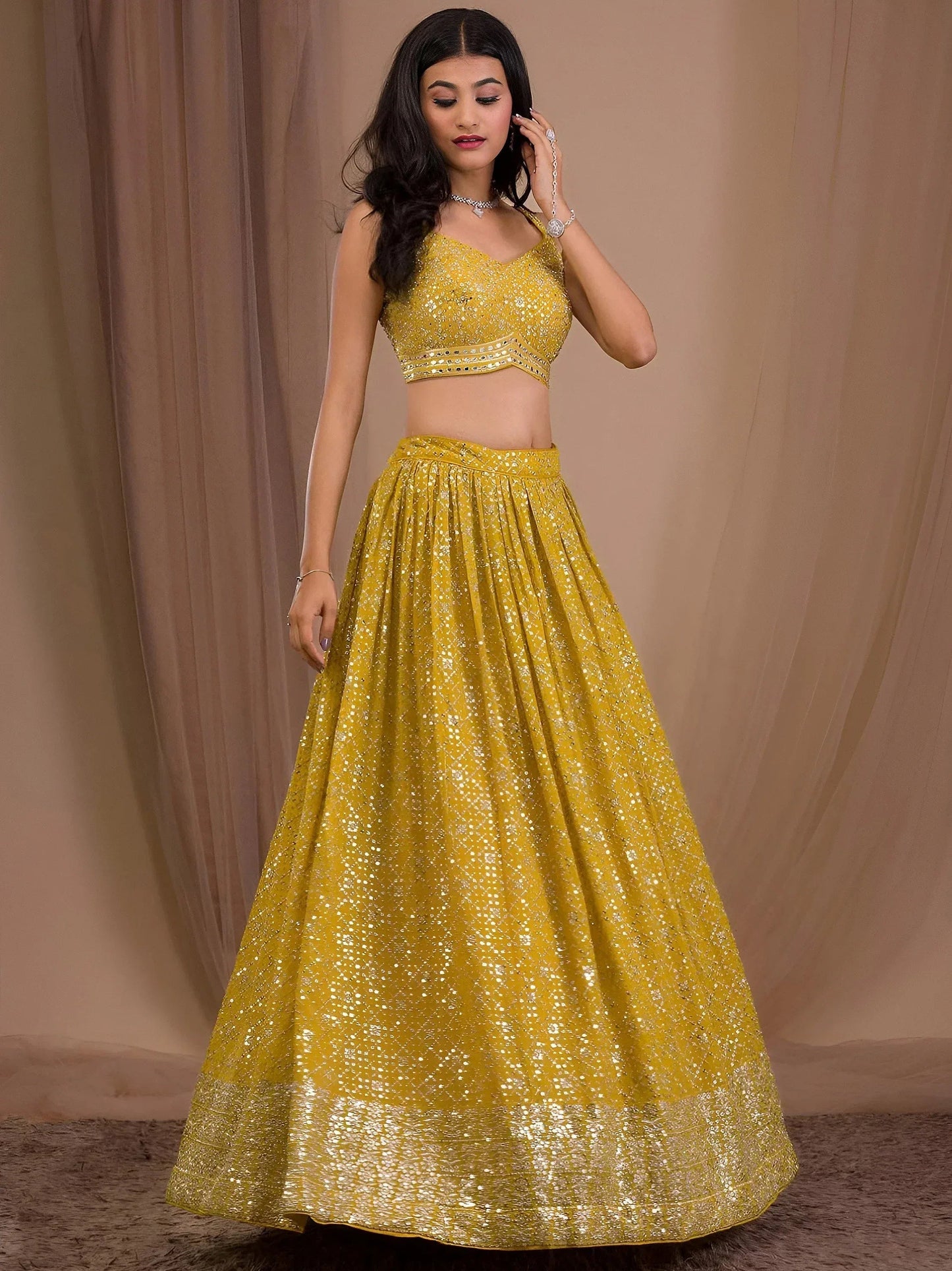 Tulsi Art Fascinating Yellow Sequins Georgette Haldi Wear Lehenga Choli