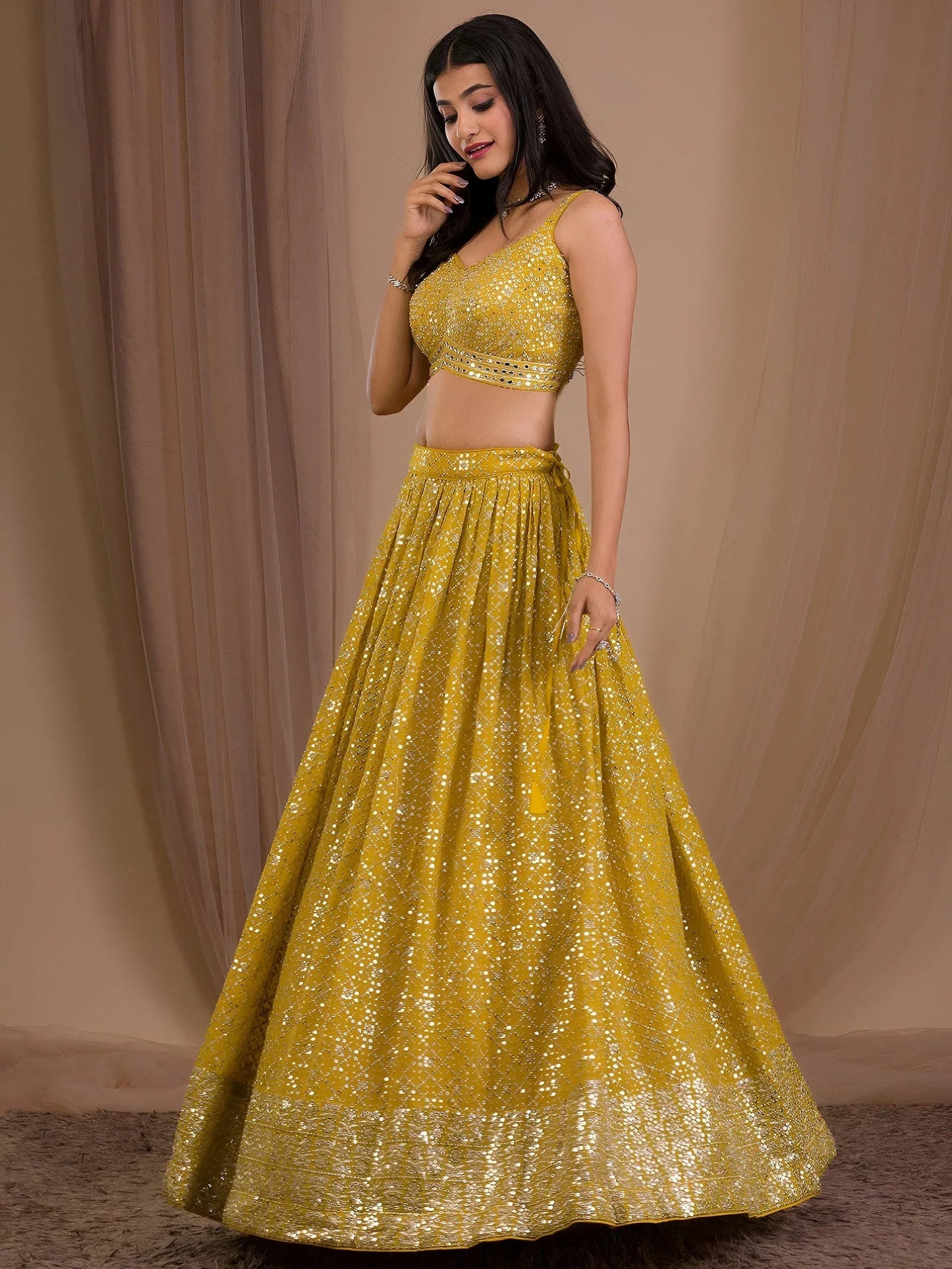 Tulsi Art Fascinating Yellow Sequins Georgette Haldi Wear Lehenga Choli