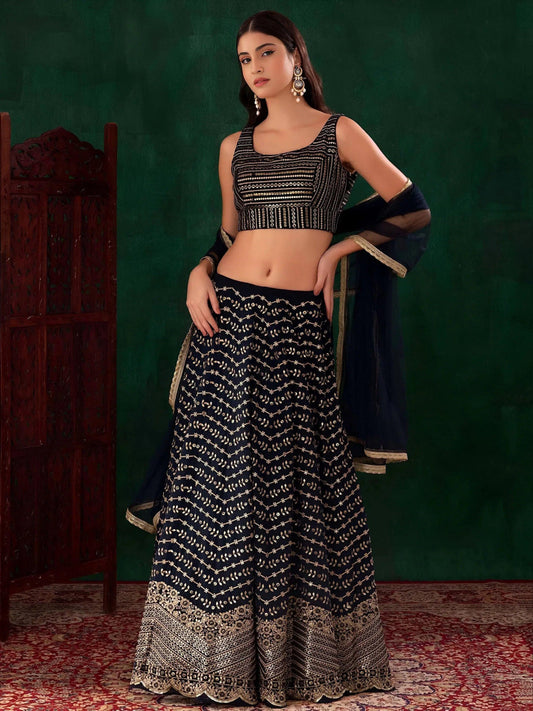 Tulsi Art Charming Navy Blue Sequins Georgette Party Wear Lehenga Choli