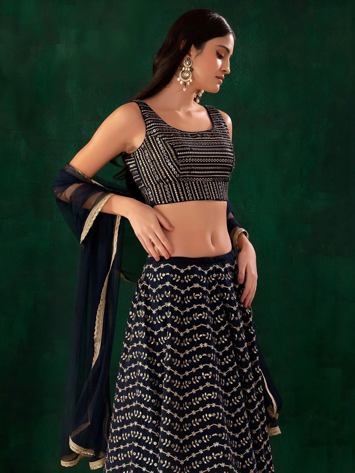Tulsi Art Charming Navy Blue Sequins Georgette Party Wear Lehenga Choli