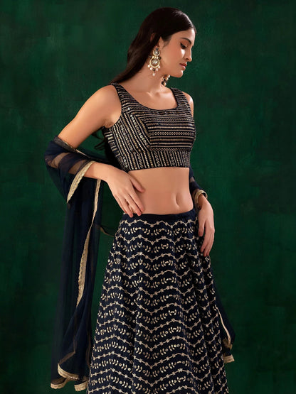 Tulsi Art Charming Navy Blue Sequins Georgette Party Wear Lehenga Choli