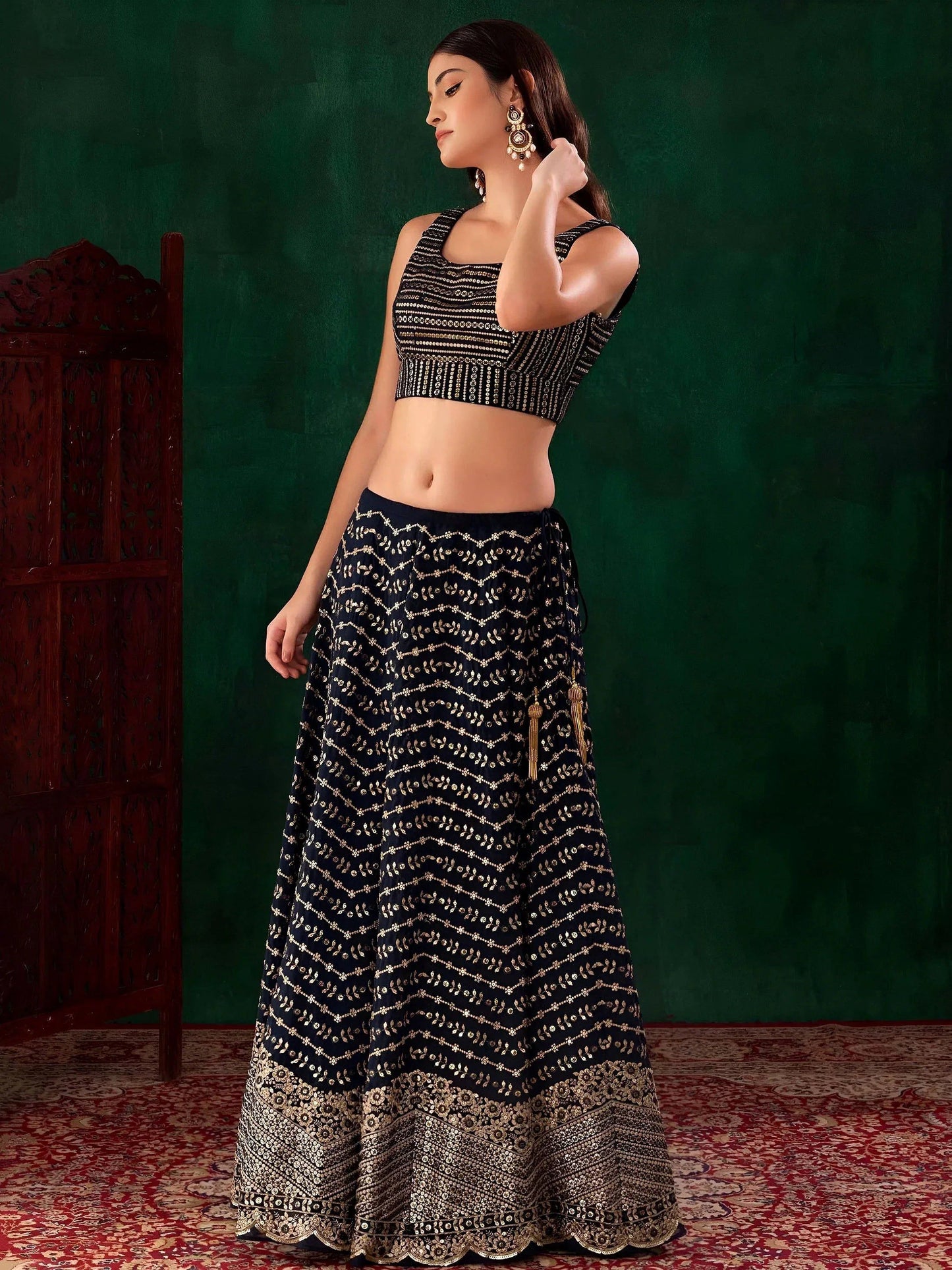 Tulsi Art Charming Navy Blue Sequins Georgette Party Wear Lehenga Choli