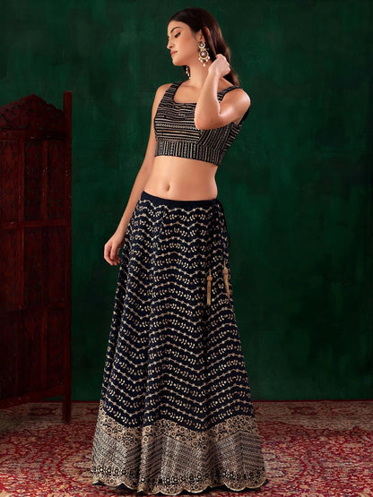 Tulsi Art Charming Navy Blue Sequins Georgette Party Wear Lehenga Choli