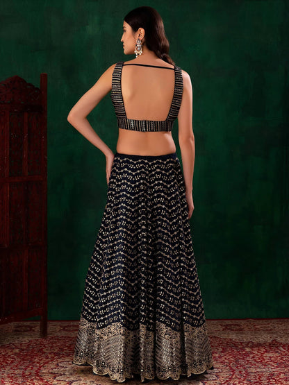 Tulsi Art Charming Navy Blue Sequins Georgette Party Wear Lehenga Choli