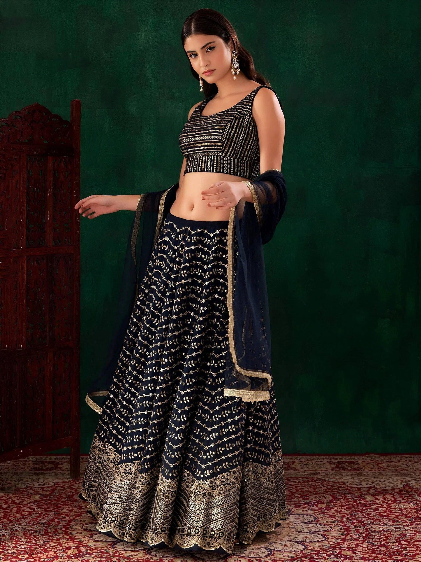 Tulsi Art Charming Navy Blue Sequins Georgette Party Wear Lehenga Choli