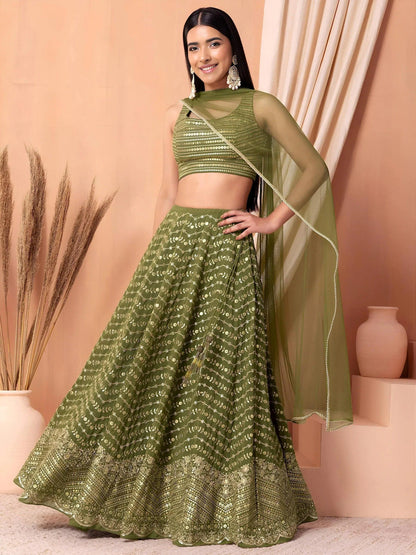 Tulsi Art Stunning Green Zari Embroidered Georgette Mehendi Wear Lehenga Choli