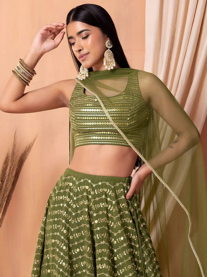 Tulsi Art Stunning Green Zari Embroidered Georgette Mehendi Wear Lehenga Choli