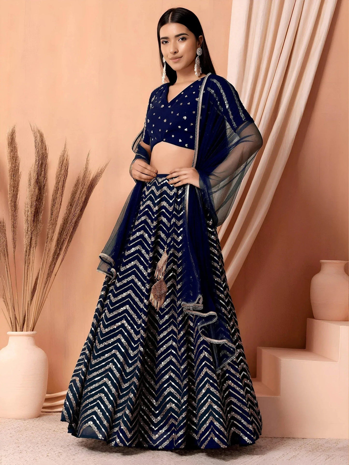 Tulsi Art Alluring Navy Blue Embroidered Georgette Lehenga Choli With Dupatta
