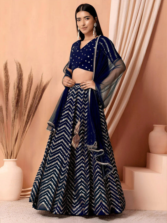 Tulsi Art Alluring Navy Blue Embroidered Georgette Lehenga Choli With Dupatta