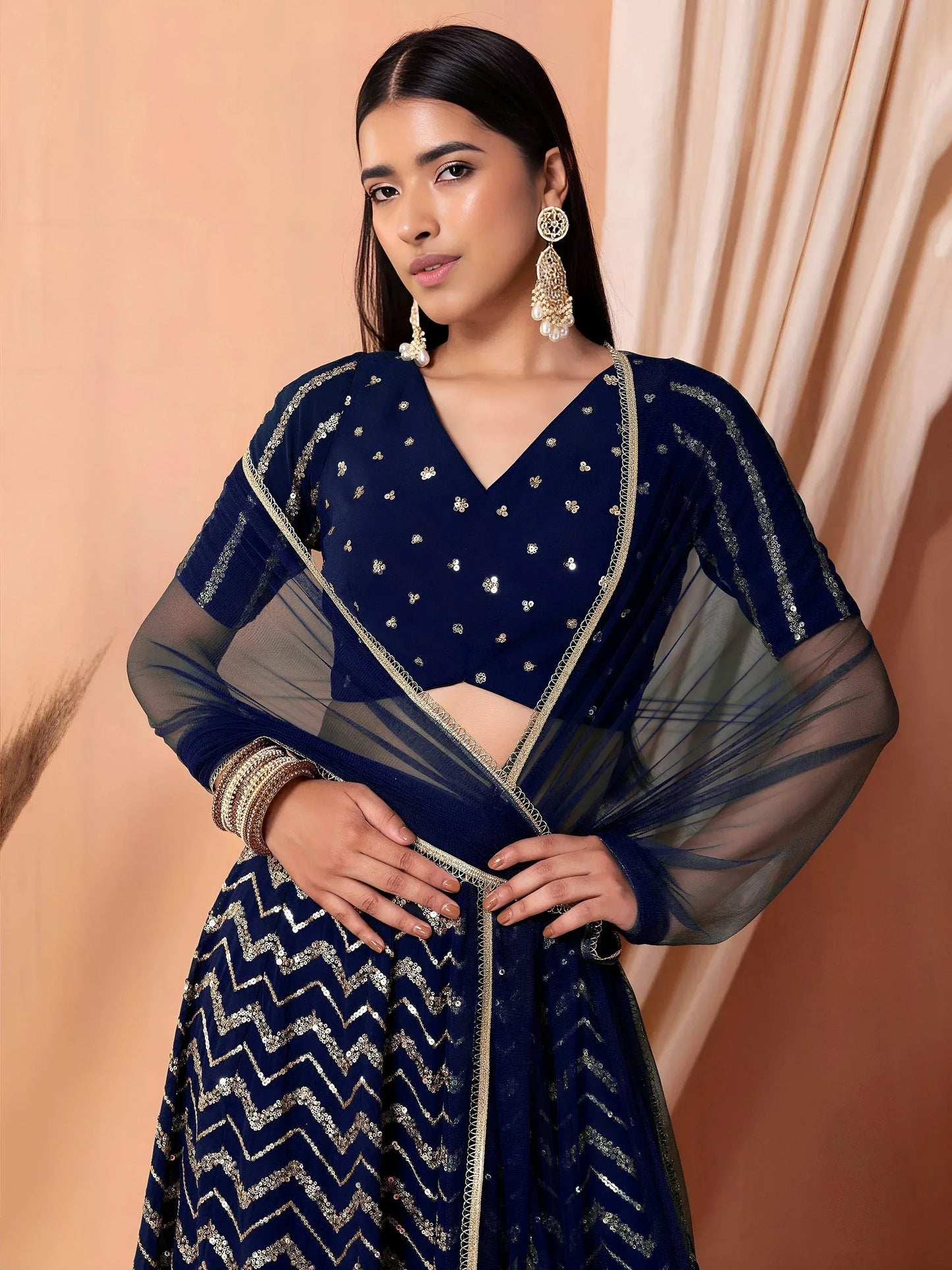 Tulsi Art Alluring Navy Blue Embroidered Georgette Lehenga Choli With Dupatta