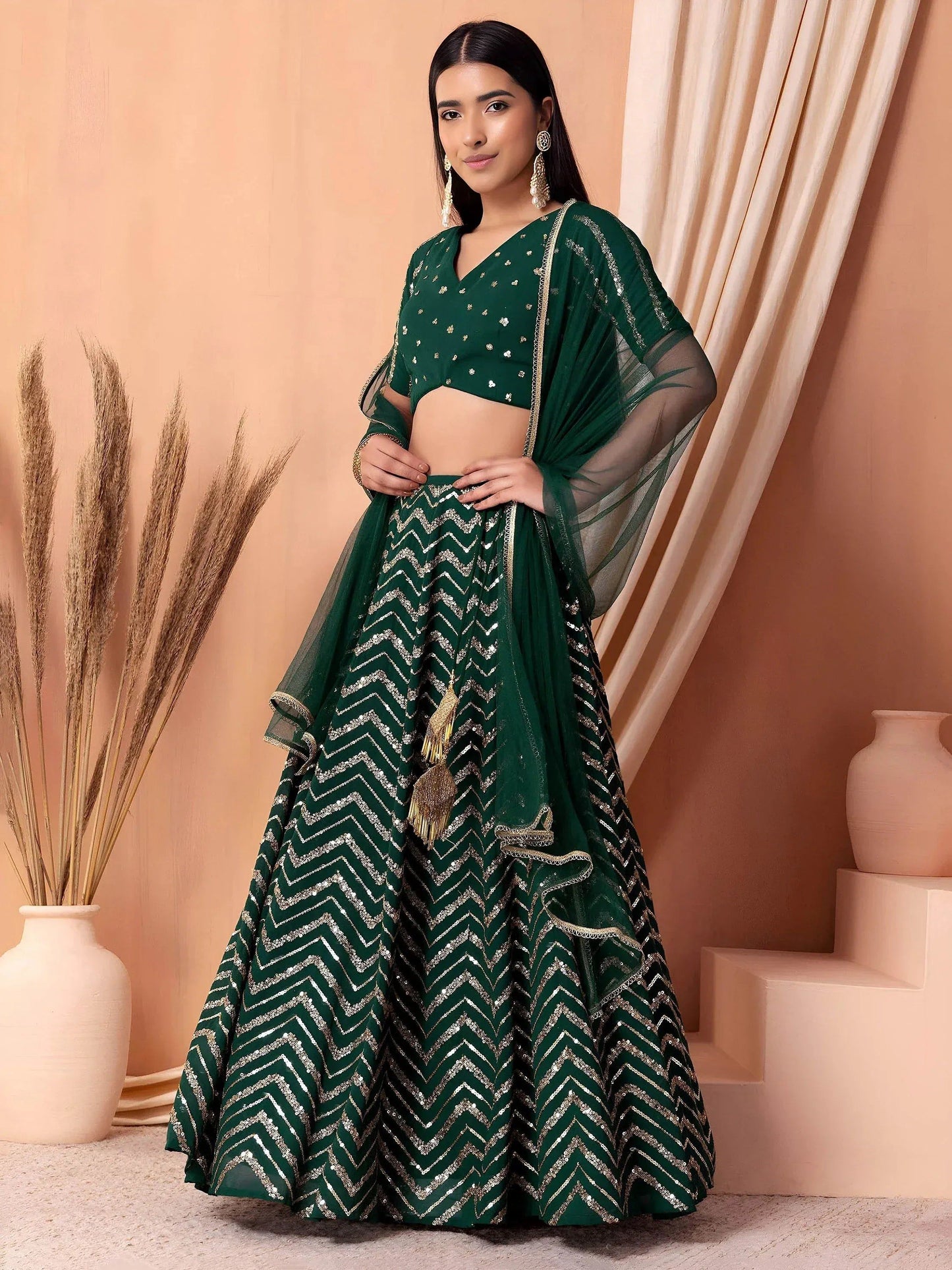 Tulsi Art Attractive Green Embroidered Georgette Mehendi Wear Lehenga Choli