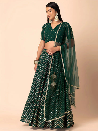 Tulsi Art Attractive Green Embroidered Georgette Mehendi Wear Lehenga Choli