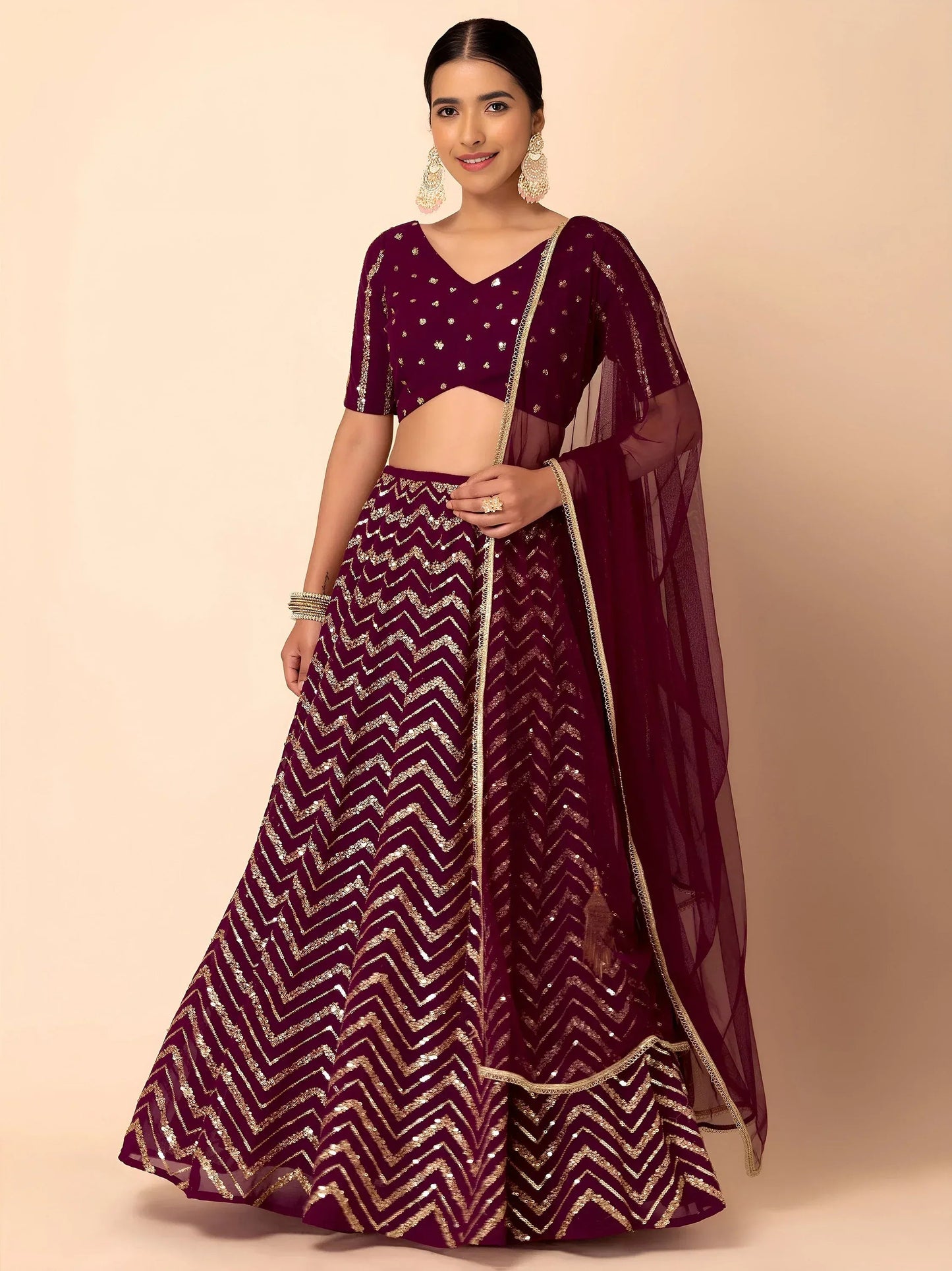 Tulsi Art Charming Maroon Zari Embroidered Georgette Wedding Lehenga Choli