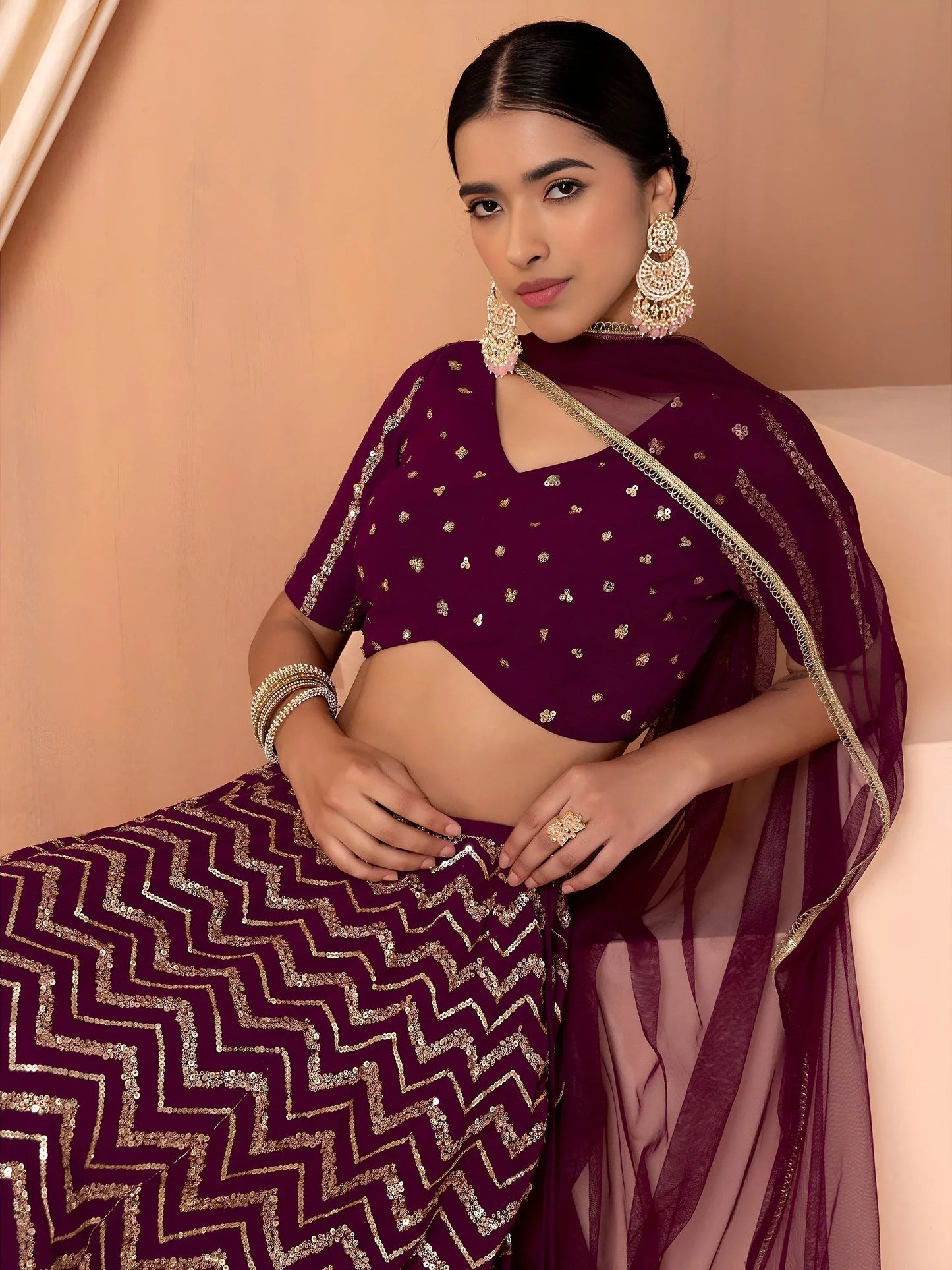Tulsi Art Charming Maroon Zari Embroidered Georgette Wedding Lehenga Choli