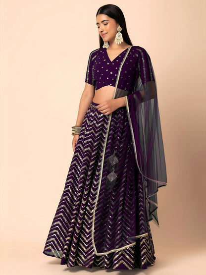Tulsi Art Enchanting Purple Zari Embroidered Georgette Party Wear Lehenga Choli