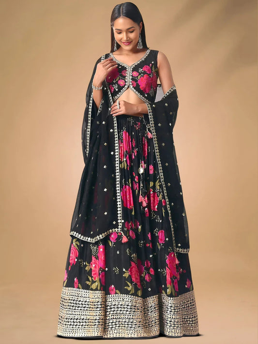Tulsi Art Pretty Black Chinon Floral Printed Lehenga Choli