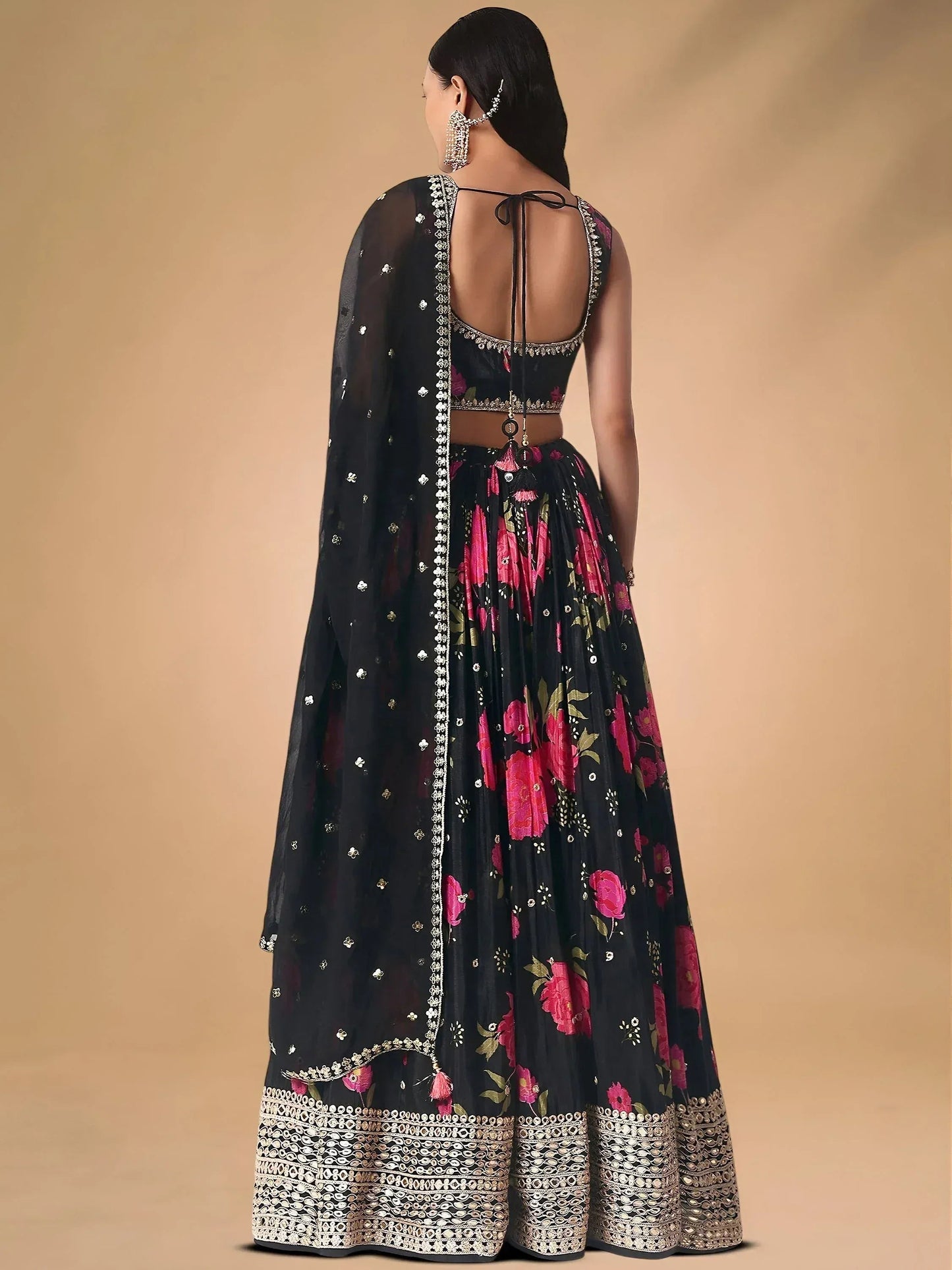 Tulsi Art Pretty Black Chinon Floral Printed Lehenga Choli