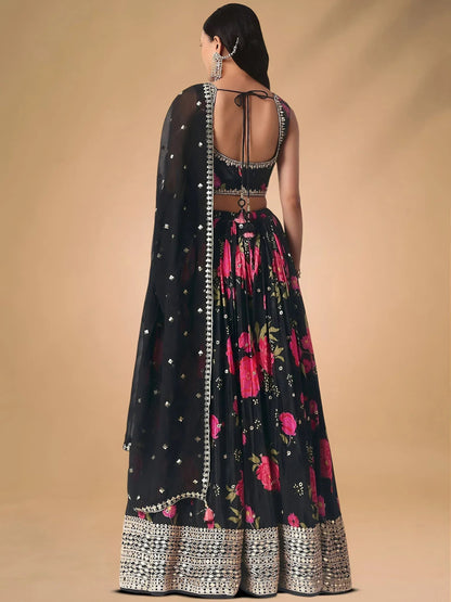 Tulsi Art Pretty Black Chinon Floral Printed Lehenga Choli