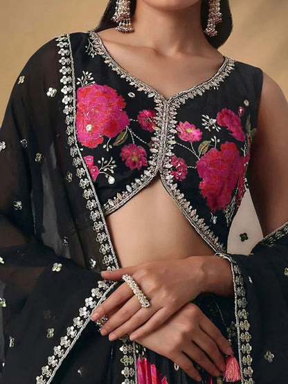 Tulsi Art Pretty Black Chinon Floral Printed Lehenga Choli