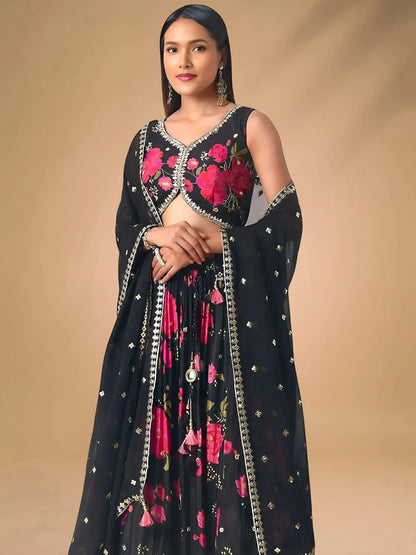 Tulsi Art Pretty Black Chinon Floral Printed Lehenga Choli