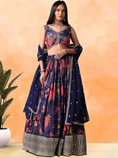 Tulsi Art Rich Purple Floral Printed Chinon Lehenga Choli With Dupatta
