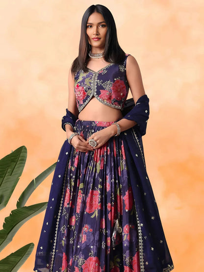 Tulsi Art Rich Purple Floral Printed Chinon Lehenga Choli With Dupatta