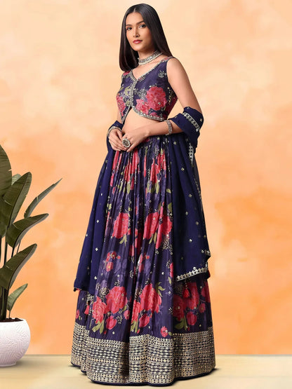 Tulsi Art Rich Purple Floral Printed Chinon Lehenga Choli With Dupatta